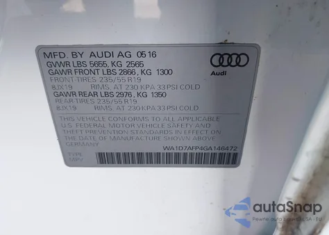 2016 Audi Q5 3.0T Premium Plus z USA, uszkodzony, nr VIN WA1D7AFP4GA146472